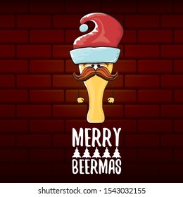 Merry beermas vector christmas greeting card with beer glass cartoon character and red santa hat isolated on brick wall background . Vector funky christmas beer party poster design template 
