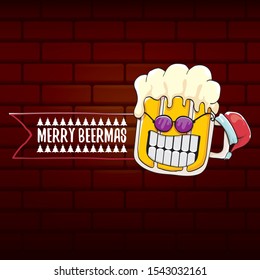 Merry beermas vector christmas greeting card with beer glass cartoon character and red santa hat isolated on brick wall background . Vector funky christmas beer party poster design template 