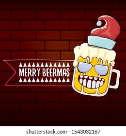 Merry beermas vector christmas greeting card with beer glass cartoon character and red santa hat isolated on brick wall background . Vector funky christmas beer party poster design template 