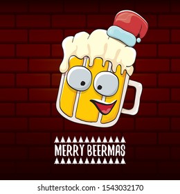 Merry beermas vector christmas greeting card with beer glass cartoon character and red santa hat isolated on brick wall background . Vector funky christmas beer party poster design template 