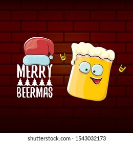 Merry beermas vector christmas greeting card with beer glass cartoon character and red santa hat isolated on brick wall background . Vector funky christmas beer party poster design template 