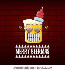 Merry beermas vector christmas greeting card with beer glass cartoon character and red santa hat isolated on brick wall background . Vector funky christmas beer party poster design template 