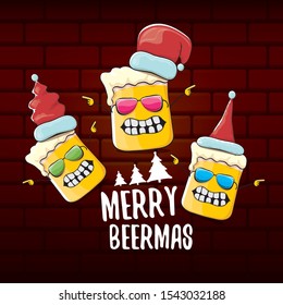 Merry beermas vector christmas greeting card with beer glass cartoon character and red santa hat isolated on brick wall background . Vector funky christmas beer party poster design template 