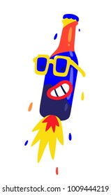 Merry Bottle in yellow glasses. Vector flat character for design projects. Image is isolated on white background. Icon of a bottle for a night club, advertising, party and printing. Mascot company.
