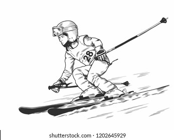 Merry boy skiing in the mountains.