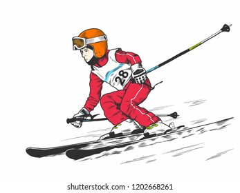 Merry boy skiing in the mountains.