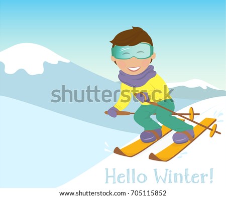 Merry boy skiing in the mountains.