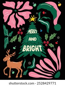 Merry and bright Boho Christmas Flowers. Art and Illustration