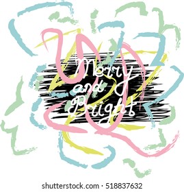 Merry and Bright.  Calligraphic hand lettered greeting card with winter hand drawn background. 