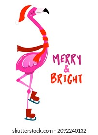 Merry and Bright - Calligraphy phrase for Christmas with cute flamingo girl. Hand drawn lettering for Xmas greetings cards, invitations. Good for t-shirt, mug, scrap booking, gift.