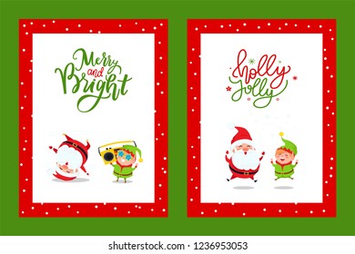 Merry and Bright cards with cartoon characters. Santa Claus and Elf listening music on boombox and dancing break dance vector greeting postcards design