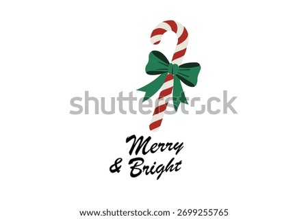 Merry and Bright Christmas Candy Cane with Green Bow – Minimalist Holiday Illustration Design.