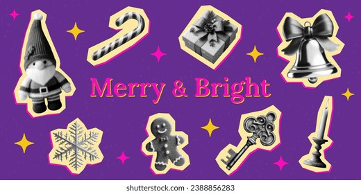 merry and bright christmas concept template design set with gnome gingerbread man gift box decoration candy cane snowflake bell vector y2k shapes retro grunge halftone collage element winter holiday svg
