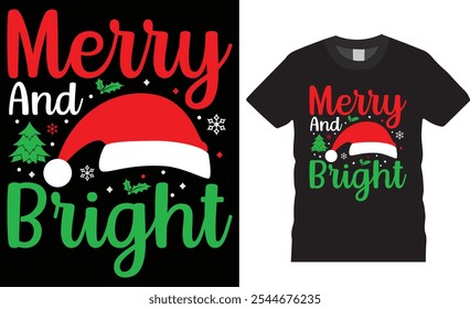 Feliz e brilhante dia de Natal t camisa design vetor modelo. Design de camiseta de Natal. Santa Claus t shirt. Feliz Natal, Camisa de Natal, Camisa de Natal, Presente de Natal, X-mas, Camisas de Papai Noel
