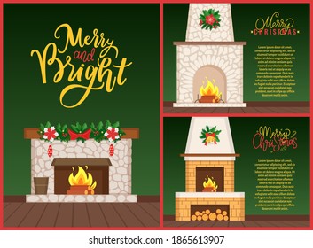 Merry and Bright Christmas, flat decorated burning fireplace with firewood on floor and hanging mistletoe with bells on top. Designer chimney vector