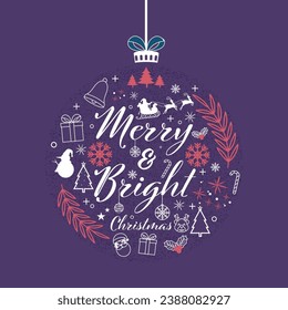 Merry  Bright Christmas Font with Xmas Elements on Creative Hanging Bauble Shape Purple Background.