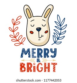 Merry and Bright Christmas greeting card with cute bunny and scandinavian style text, vector illustration isolated on white background. Christmas greeting card with bunny and Merry Bright text