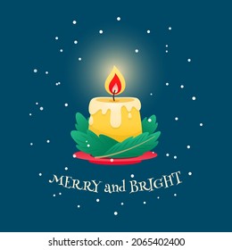Merry and Bright. Christmas greeting card. Illustration of burning candle decorated with fir tree branches on a dark background. Winter holiday illustration. Vector 10 EPS.
