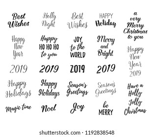 Merry and Bright Christmas, Happy Holidays, Happy New Year labels, emblems, logo, text, greeting cards set. Vector winter holidays backgrounds with hand lettering calligraphy