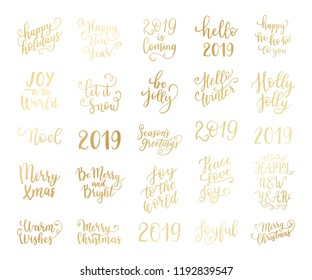 Merry and Bright Christmas, Happy Holidays, Happy New Year labels, emblems, logo, text, greeting cards set. Vector winter holidays backgrounds with hand lettering calligraphy. Golden gradient