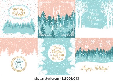 Merry and Bright Christmas, Happy Holidays, Happy New Year greeting cards set. Vector winter holidays backgrounds with hand lettering calligraphic, christmas tree branches, snowflakes, falling snow.