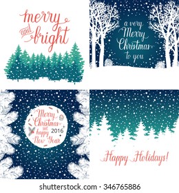 Merry and Bright Christmas, Happy Holidays, Happy New Year greeting cards set. Vector winter holidays backgrounds with hand lettering calligraphic, christmas tree branches, snowflakes, falling snow.