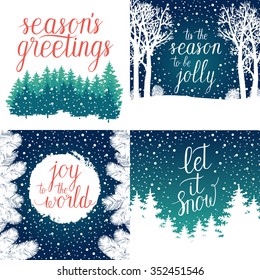 Merry and Bright Christmas, Happy Holidays, Happy New Year greeting cards set. Vector winter holidays backgrounds with hand lettering calligraphic, Christmas tree branches, snowflakes, falling snow.