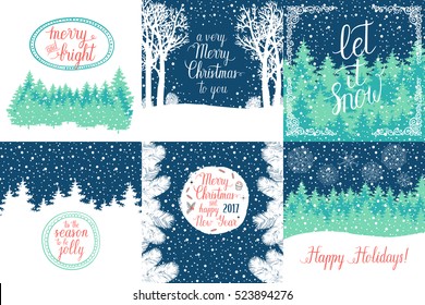 Merry and Bright Christmas, Happy Holidays, Happy New Year greeting cards set. Vector winter holidays backgrounds with hand lettering calligraphic, christmas tree branches, snowflakes, falling snow.