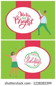 Merry and bright Christmas, happy winter holidays posters vector. Man wearing hat with mistletoe plant dancing, woman with confetti celebrating event
