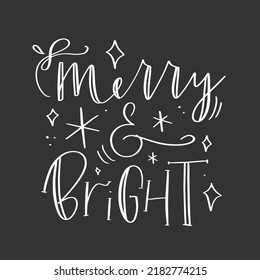 Merry and bright Christmas lettering traditional sign. Black and white simple vector design for winter holidays product decoration, gift tag or banner.