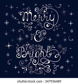 Merry and bright. Merry Christmas retro poster with hand lettering, stars and snowflakes. Illustration for christmas greeting card, poster or print.