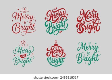 Merry and Bright Christmas Typography Vector T-Shirt Design	