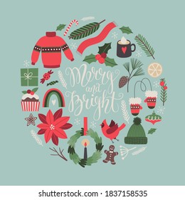 Merry and bright Christmas vector illustration with holiday traditional symbols and lettering. New Year concept for greeting card, poster, banner, flayer. Hand drawn digital artwork in simple style.