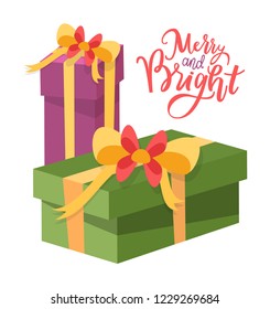 Merry and bright Christmas, vector package boxes, surprise on New Year holidays, topped by bow packs. Wrapped Xmas presents icons isolated on white