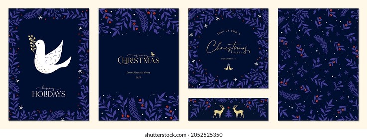 Merry and Bright Corporate Holiday cards. Modern abstract creative universal artistic templates with Christmas Dove, reindeers, birds, floral frames and backgrounds.