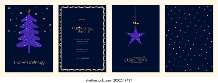 Merry and Bright Corporate Holiday cards. Universal abstract creative artistic templates with Christmas Tree, birds, modern frame and background.