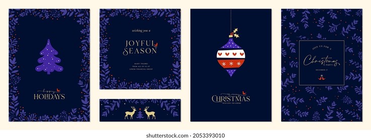 Merry and Bright Corporate Holiday cards. Universal abstract creative artistic templates with Christmas tree, birds, reindeers, Christmas ornament, ornate floral frames and backgrounds.