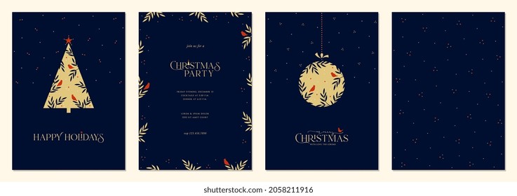 Merry and Bright Corporate Holiday cards. Modern creative universal artistic templates with Christmas tree, birds, Christmas ornament, floral frames and backgrounds.