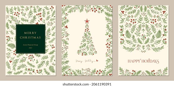 Merry and Bright Corporate Holiday cards. Modern abstract creative universal artistic templates with Christmas Tree, birds, floral frames and backgrounds.