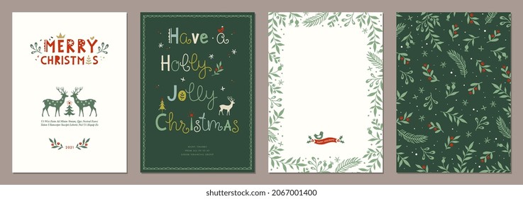 Merry and Bright Corporate Holiday cards. Modern abstract creative universal artistic templates with reindeers, Christmas Tree, birds, floral frames and backgrounds.