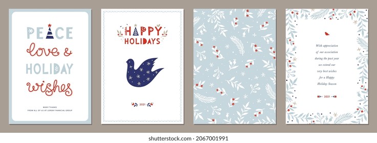 Merry and Bright Corporate Holiday cards. Modern abstract creative universal artistic templates with Christmas Tree, Christmas dove, bird, floral frames and backgrounds.