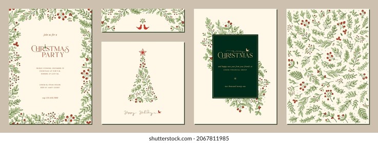 Merry and Bright Corporate Holiday cards. Universal abstract creative artistic templates with Christmas tree, birds, ornate floral frames and backgrounds.