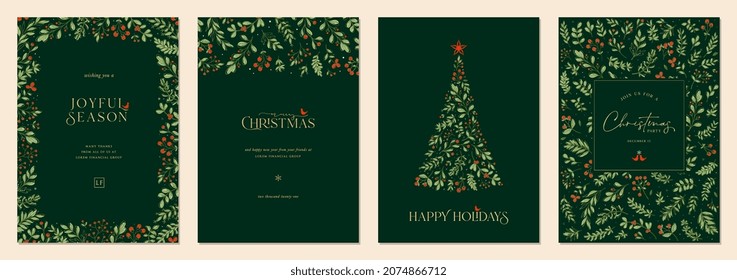 Merry and Bright Corporate Holiday cards. Modern abstract creative universal artistic templates with Christmas Tree, birds, floral frames and backgrounds.