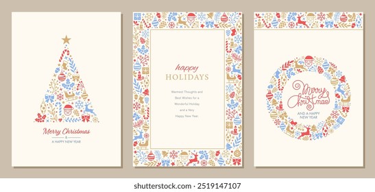 Merry and Bright Corporate Holiday cards. Flat Style abstract creative artistic templates with Christmas tree, birds, ornate floral frames and backgrounds