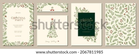 Merry and Bright Corporate Holiday cards. Universal abstract creative artistic templates with Christmas tree, birds, ornate floral frames and backgrounds.