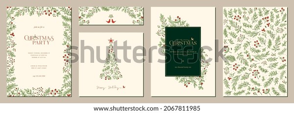 Merry and Bright Corporate Holiday\
cards. Universal abstract creative artistic templates with\
Christmas tree, birds, ornate floral frames and\
backgrounds.