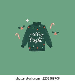 Merry and Bright. Green sweater and garland. Cute Vintage Christmas winter greeting card design. Vector