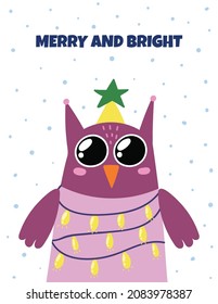 Merry and Bright greeting card with a cute owl with Christmas lights. Winter print with funny bird, us letter format 8.5x11. Vector illustration