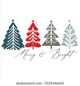 MERRY AND BRIGHT  Hand Drawn Christmas Tree T-Shirt Design