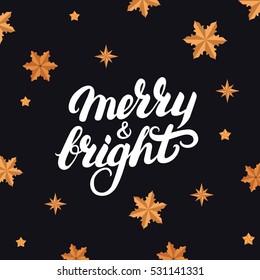 Merry and Bright hand written lettering 2017. Christmas card. Modern brush calligraphy. Perfect golden stars background. Vector illustration.